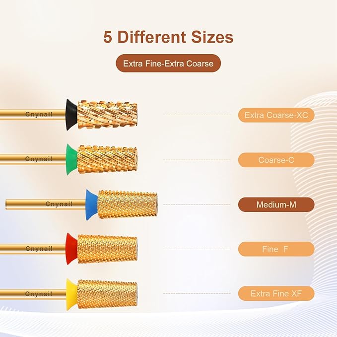 3/32" Large Tapered Barrel Flat Bit Tungsten Carbide Nail Drill Bit Safety Bit for Gel & Acrylic Removal, 2- Way Rotating Efile Tip, Salon Electric File Accessory (M Girt, Gold)
