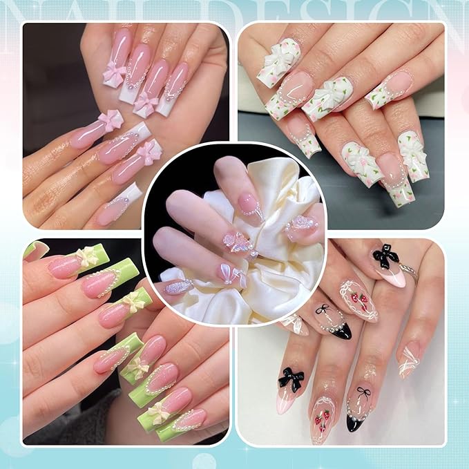 3D Nail Charms for Coquette Nails Design with Rhinestone Glue Set 1, Colorful Nail Bows + Assorted Heart Star Rose Butterfly Nail Jewels + 3D Flowers and Pearls, with Picker Tools for Nail Decor