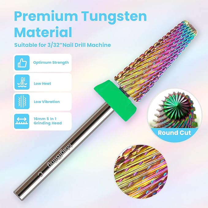 C 5 in 1 Nail Drill Bits, 16mm Tapered 3/32'' Professional Tungsten Carbide Bits for Efile, 2 Rotation for Electric Drill, Remove Thick & Soft Gel Fast, Manicure Cuticle Polishing, Techs Bits, Coarse.