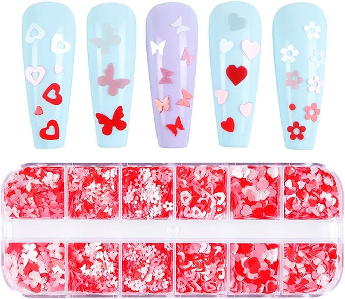 Pink Glitter 3D Sequins, Holographic Love Heart Flowers, Butterfly Nail Art Designs for Women, DIY Resin Tips, Confetti Nails Kit