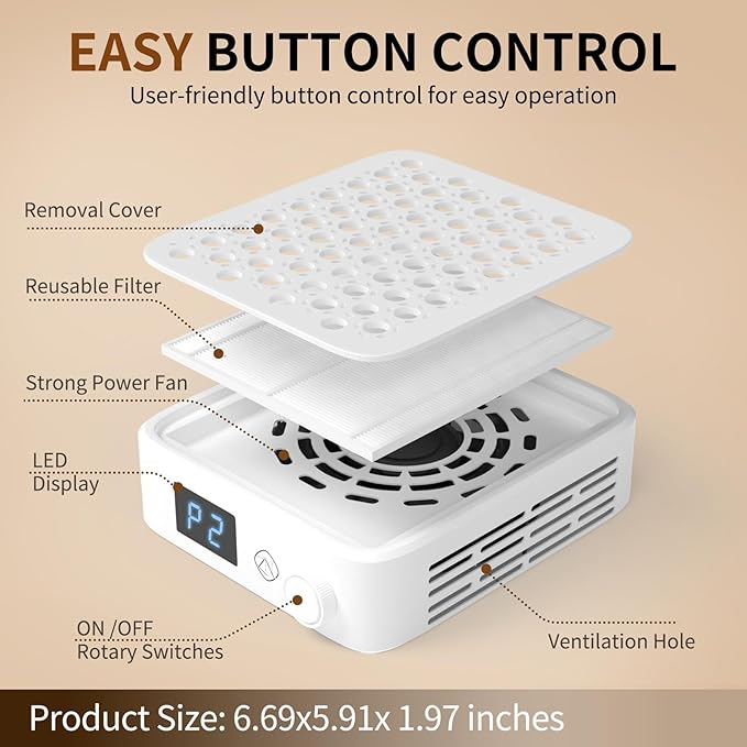 ZIZZON Nail Dust Collector, Compact Vacuum Fan Dust Collector for Beginner with Reusable Filter Powerful Dust Suction Machine Manicure Pedicure Tool for Acrylic Nail Polishing Home or Salon Use