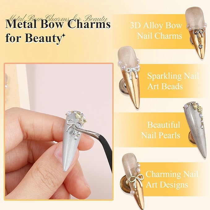 3D Metal Bowknot & AB Pearl and Mini Beads Nail Art Kit - Gold/Silver Alloy Bowknot, 1-2mm Stainless Steel Caviar Beads, 3mm Half Pearls for Professional Salon & DIY Manicure Jewelry Designs (Set 5)