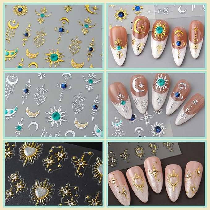 6 Sheets Retro Sun God Star Nail Art Stickers Decals Gold Silver Sun God Star Moon Nail Stickers Design Sparkling Heart Diamond Nail Decals for Women DIY Manicure Nail Decoration Supplies