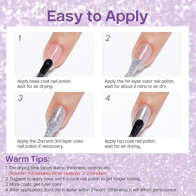 MIZHSE Quick Dry Glitter Purple Nail Polish, Shimmery Nail Polish Air Drying Fast, 15ml High Glossy Sparkly Shiny Nail Art Salon Manicure Home