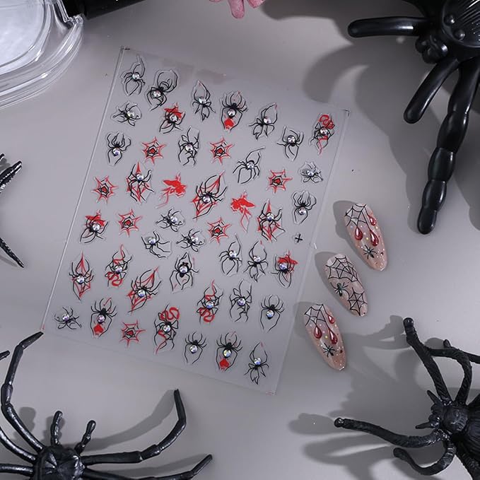 2 Sheets Halloween 5D Embossed Nail Stickers for Nail Art Red Black Spider Web Nail Decals Self-Adhesive Spider with Glitter Rhinestones Nail Design Decals Goth Halloween Nails Supply for Women DIY