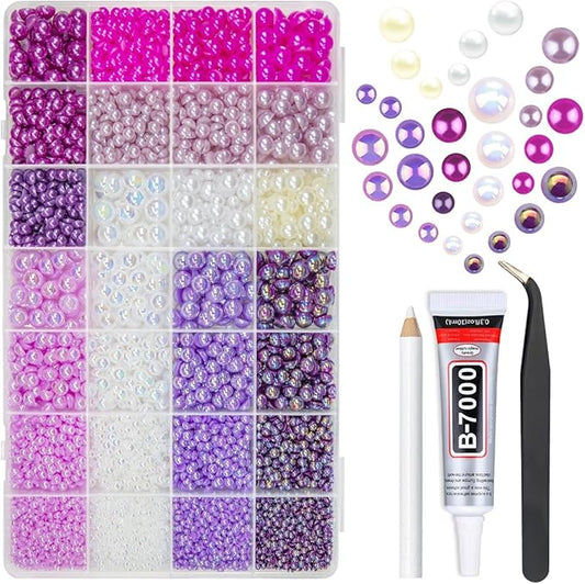 28 Types Purple Flatback Pearls w B7000 Jewelry Glue for Bedazzling Crafting 3mm 4mm 5mm 6mm 8mm 10mm Flatback Colorful AB Half Pearls Charms for Nails Face Eyes Makeup Crafts Tumblers Bottles