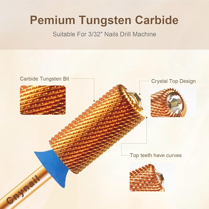 3/32" Large Barrel Crystal Top Tungsten Carbide Nail Drill Bit Safety Bit for Gel & Acrylic Removal, 2-Way Rotating Efile Tip, Salon Electric File Accessory (M Grit, Ti-Gold)