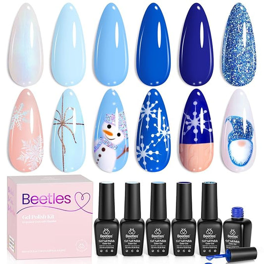 Beetles Blue Gel Nail Polish,6 Colors Baby Blue Glitter Aquarius Holy Water Collection Fall Winter Gel Polish Soak off Uv Led Lamp Nail Art Manicure Gifts for Women