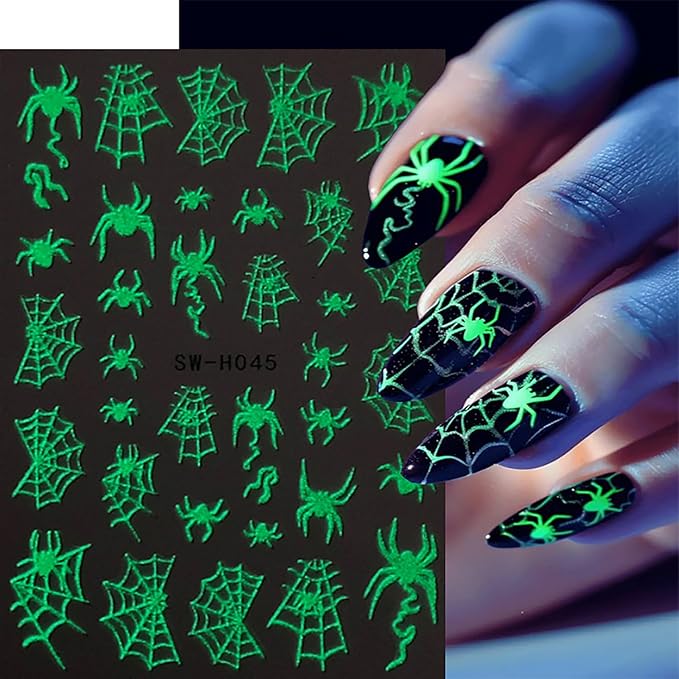 Halloween Nail Stickers,Skull and Spider Webs Design 3D Self-Adhesive Nail Decals Glow in The Dark Halloween Nail Art Decorations DIY Manicure Supplies for Women Girls 2 Sheet