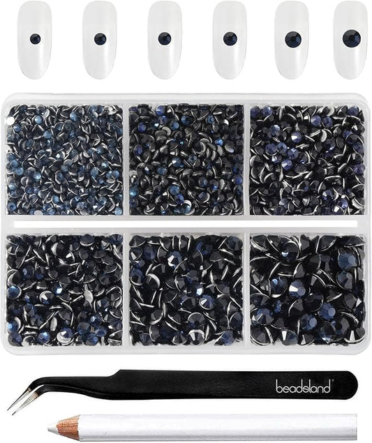 Beadsland 4300pcs Flatback Rhinestones, Dark Blue Rhinestone Nail Gems Round Crystal Rhinestones for Crafts,Mixed 6 Sizes with Picking Tweezers and Wax Pencil Kit, SS6-SS20, Montana