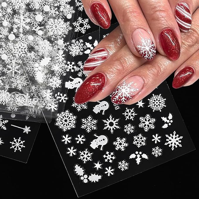 30Sheets Christmas Snowflakes Nail Art Stickers Decals for Kit with White Snowflake Glitter Design 3D Self Adhesive Nail Art Supplies Sticker Winter Xmas Nail Art Decoration Snow Manicure for New Year