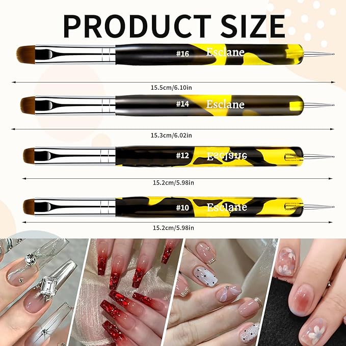 French Manicure Brush, Esclane 2 Way French Nail Brush with Dotting Tool for Manicure Cuticle Clean Up Nail Art Design, French Tip Brush (Yellow, #12)