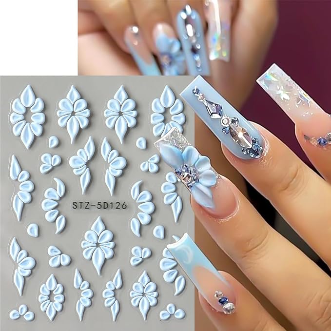 Flower Nail Stickers,9 Sheets 5D Embossed Floral Self-Adhesive Nail Decals,Pink White Blue Elegant Lace Flowers Petals Nail Art Design for Spring Summer Manicure Decor DIY Nail Supplies