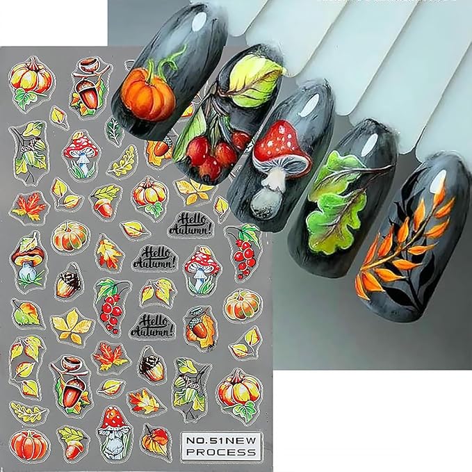 6 Sheets Fall Nail Art Stickers 3D Maple Leaf Nail Decals Autumn Gold Yellow Leaves Mushroom Squirrel Self-Adhesive Nail Designs Thanksgiving Nail Stickers for Women Girls Acrylic Manicure DIY Decor