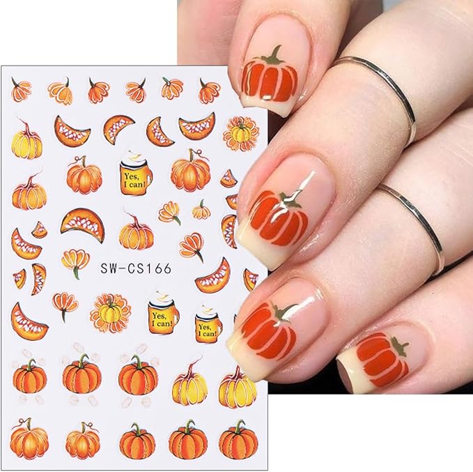 6 Sheets Fall Nail Stickers 3D Self Adhesive Thanksgiving Nail Decals Cute Pumpkin Nail Art Stickers Sunflower Maple Leaf Flower Nail Design Sticker Supplies for Women DIY Autumn Nail Decoration