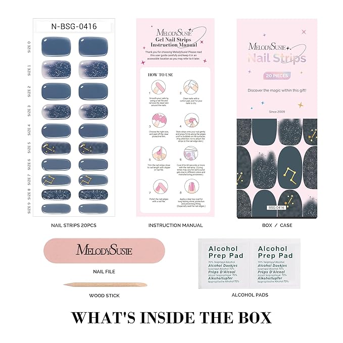 MelodySusie Semi Cured Gel Nail Strips, 20 PCS Gel Nail Stickers, Gel Nail Wraps, UV Light Required, Durable and Salon Quality (Midnight Horoscope)