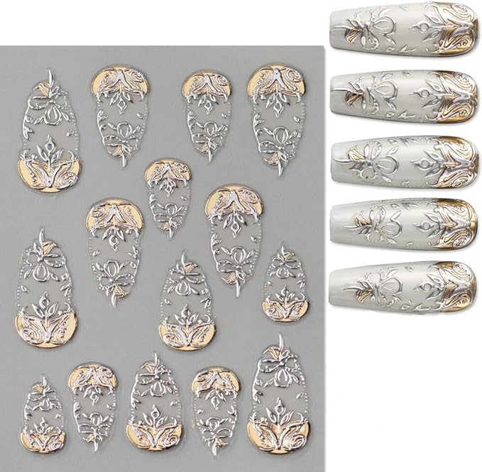 4 Sheets Gold Flower Nail Art Stickers, 5D Embossed Acrylic Decals French Carving Floral Heart Tree Self-Adhesive Nail Art Supplies for Women Girls Designs DIY Manicure Decoration