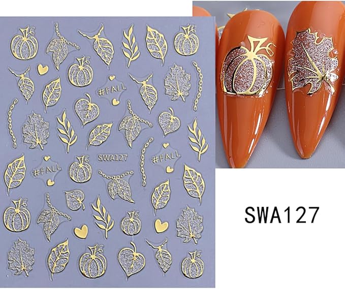 4 Sheets Halloween Nail Stickers for Nail Art 3D Self Adhesive Gold Glitter Nail Art Stickers Spider Web Pumpkin Nail Decals Fall Maple Leaf Nail Supplies for Women DIY Christmas Decorations