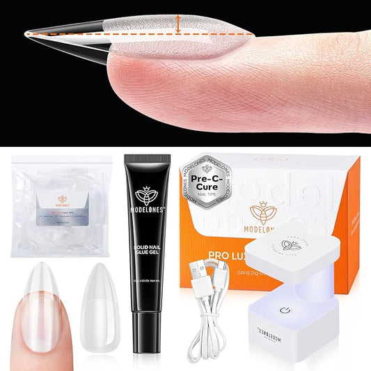modelones Gel Nail Kit Almond, 15Sizes Instant Apex False Nail Tips Solid Glue & Mini U/V Lamp, 240Pcs Medium Almond Pre-Building Strong Thick Acrylic Press on Tips LED Light Extension Kit Women Gift