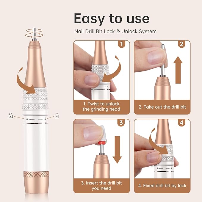 Electric Nail Drill,40000RPM Cordless Nail File Diamond with 12 Drill Bits for Acrylic Nails Gel Polishing,E File Nail Kit Machine for Manicure Salon Home (AB White Diamond)