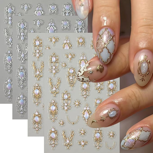 4Pcs 5D Embossed Gemstone Nail Stickers Gold Silver Nail Art Stickers Decals with Gold Mace Design Colorful Rhinestones Nail Stickers for Nail Art Mace Style Nail Decoration for Women Nails Supplies