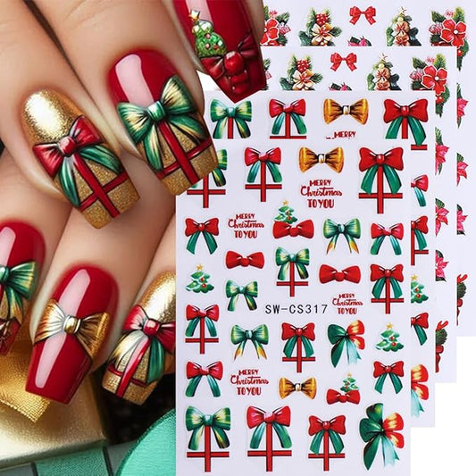4 Sheets Christmas Nail Stickers for Nail Art WLGDLH 3D Self Adhesive Red Green Bow Nail Art Stickers Light Ball Gift Nail Decals Xmas Tree Nail Supplies for Women DIY Christmas Decorations