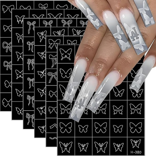 6 Sheets Airbrush Stencils Nail Stickers 3D Self Adhesive Bow Nails Decals Cute Hollow Butterfly Bow Designs French Nail Stamper Tools Auxiliary Butterfly Nails Guides Stickers for Women Manicure