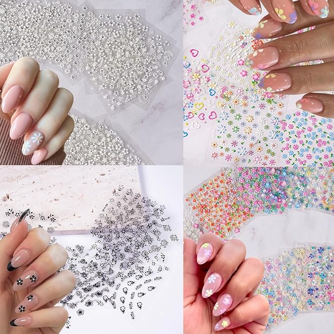 30 Sheets Flowers Nail Art Stickers Cute Daisy Floral Design Decals 3D Self-Adhesive White Black Colorful Flower Nail Stickers Decoration‌ for Women Girls Acrylic Nail Supplies Accessories