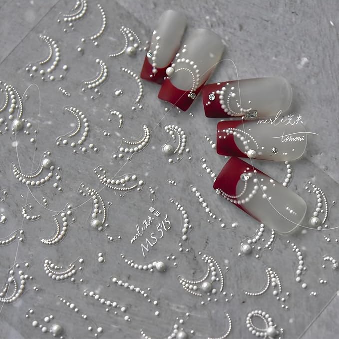 5D Embossed White Pearl Nail Stickers for Nail Art French Tip Nail Art Stickers Self Adhesive White Line Nails Decals Cute Nails Art Supplies for Women Girls