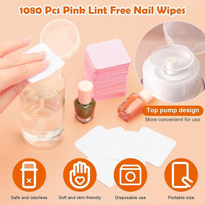 1080 + 3 Pcs Lint Free Nail Wipes Kit, Disposable Nail Polish Remover Pads Non-Woven Nails Eyelash Extensions Wipes, Nail Polish Remover Wipes with 200 ML Bottle, 2 Pcs Cuticle Pusher (Pink+white)