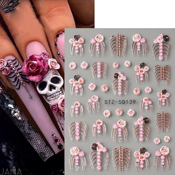 2PCS Halloween Nail Art Stickers Decals 5D Embossed Skeleton Bones Nail Stickers Horror Gold Rose Gold Skull Rose Designs Halloween Nail Art Supplies Gothic Adhesive Sliders for Women DIY Manicure