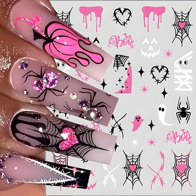 Halloween Nail Art Stickers, Cute Ghost Nail Art Decals 3D Self-Adhesive with Pink Bat Pumpkin Heart Skull Spider Web Nail Design 6Pcs Halloween Nail Art Supplies for Women Nail Decoration