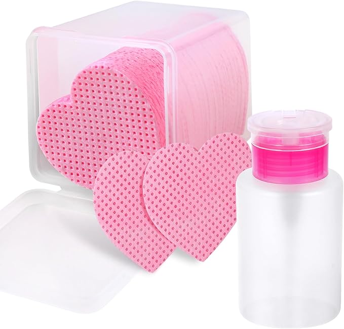 200 Pieces Nail Cotton Pads,1 Pull-Down Pump Dispenser Bottle, Super Absorbent Soft Non-Woven Eyelash Glue Wipes, Nail Polish dehumidifier for Eyelash Extension Products and Nail Oil Bottle (Pink)