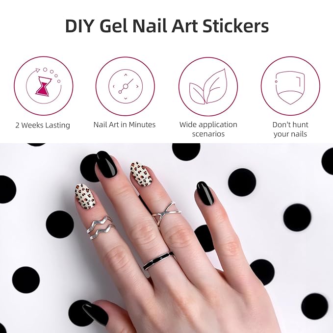28pcs Semi Cured Gel Nail Strips, Gel Nail Stickers Work with Any UV Nail Lamps, Long Lasting Gel Nail Wraps for Women, includes Prep Pads, Nail File & Wood Stick(Leopard Print)
