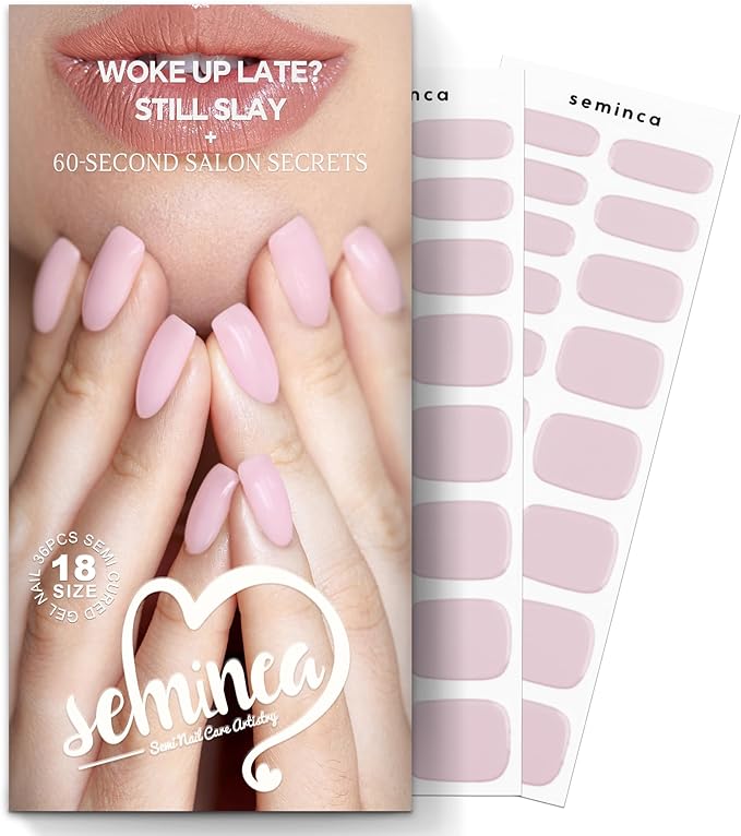 Semi Cured Gel Nail Strips-Salon Shine at Home,Easy Application and Removal,18 Size Press On Nails Kit with Nail File,Works with Any UV/LED Lamps(Bare Pink)