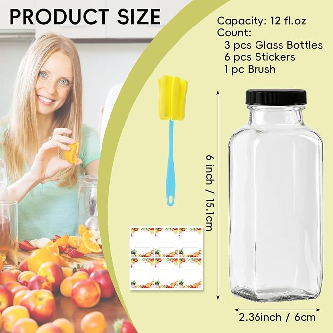 12 oz Glass Juice Bottles with Lids 3-Pack - Image 2