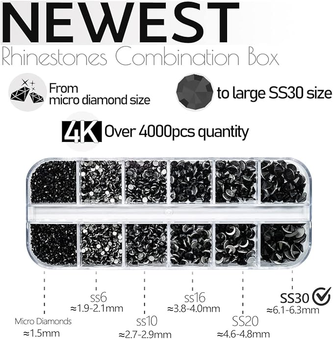 4010pcs Nail Art Rhinestones Black Flatback Rhinestones Nail Charms 6 Sizes (1.6-6.1 mm) Up to SS30 Glass Nail Stones Gems Jewels w Picking Pen, Tweezer for Manicure DIY Craft Eyes Face Makeup