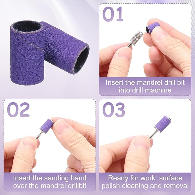 HARFINGTON 100pcs Small Sanding Bands 240 Grit for Nail Drill Bits Mini Sanding Band for Nails Gel Manicures Purple