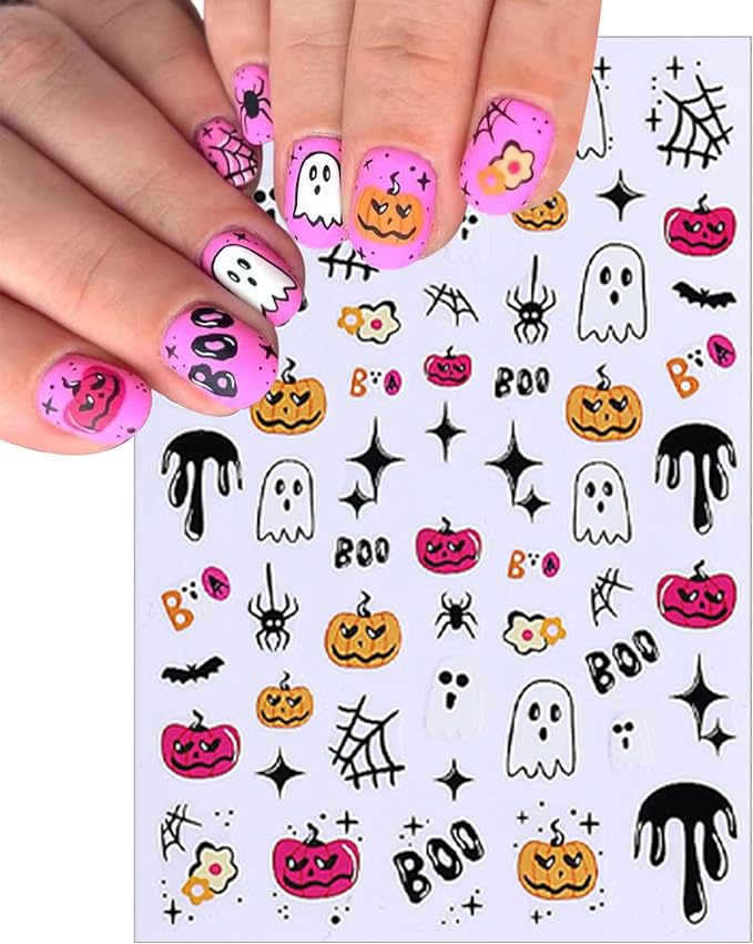 8 Sheets Halloween Nail Art Stickers 3D Self Adhesive Cute Ghost Pumpkin Nail Decals Flower Spooky Mushroom Nail Design Spider Bats Blood Drop Supplies for Women Scary Halloween Manicure Decoration