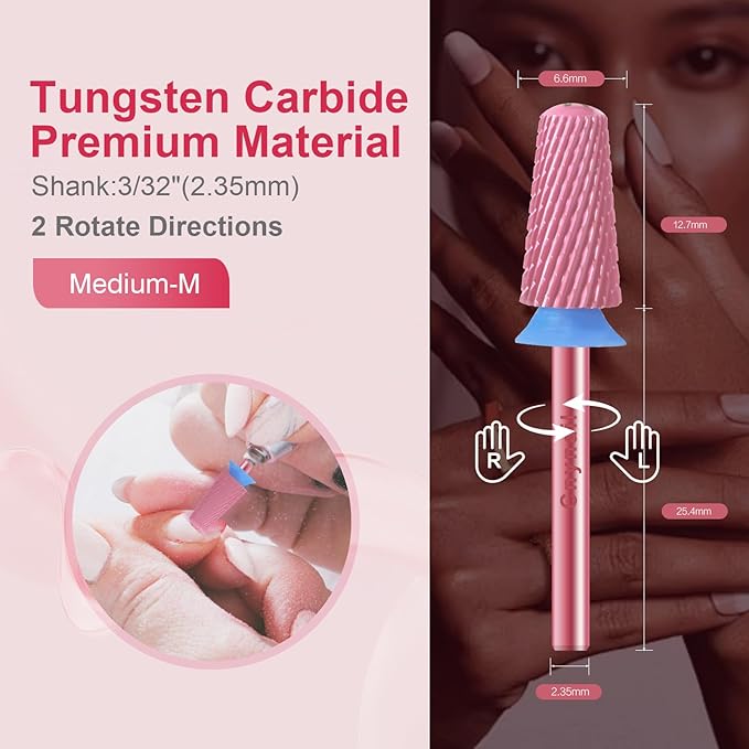 3/32" Large Tapered Smooth Top Bit Tungsten Carbide Nail Drill Bit Safety Bit for Gel & Acrylic Removal, 2- Way Rotating Efile Tip, Salon Electric File Accessory (M Girt, Rose Red)
