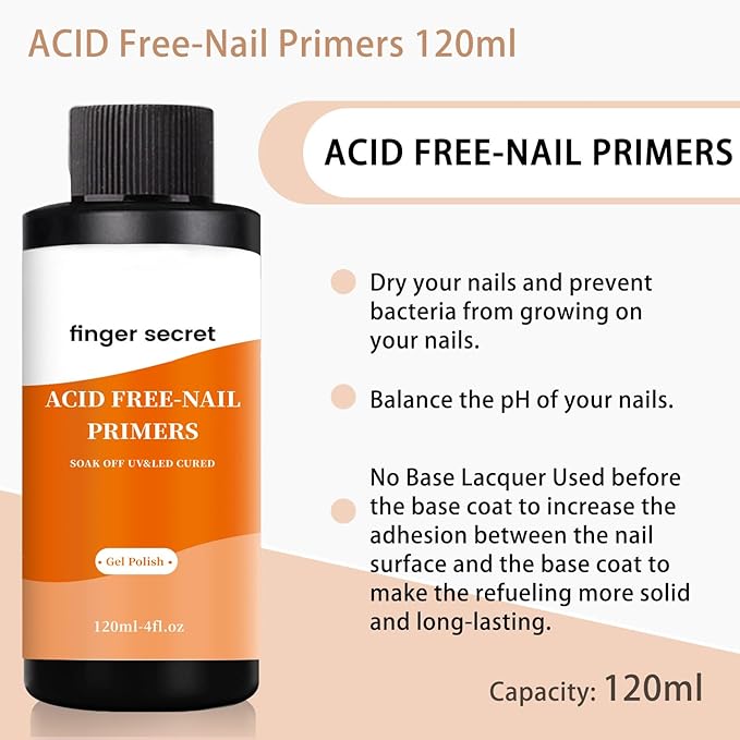 Acid Free Nail Primer,120ml/4fl.oz Acid Free Primer,Fast Air Dry for Gel Nails,Bonding Primer for Any Acrylic Powder Nail Supplies