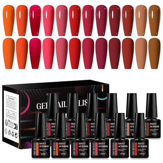 MEET ACROSS 12PCS Gel Nail Polish Set, 12 Colors Gel Nail Kit Art Design Soak Off UV LED,Nail Art Design Gifts for Women (SET-4, 12PCS)