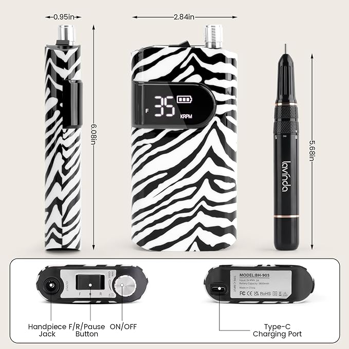 Lavinda 35000RPM Electric Nail Drill, Cordless Nail Drill Machine Portable Rechargeable Nail Efile for Acrylic Gel Nails, Manicure Pedicure Polishing Shaping Tool for Salon Home Use-Zebra Pattern