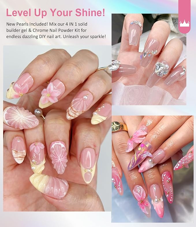 Chrome Nail Powder and Solid Builder Gel Kit BISHENGYF: 30g 4 In 1 No Wipe 3d Sculpting Nail Gel Aurora Pink White Pearl Chrome Nail Powder Clear Non-Sticky Hand Extension Glue for Nail Decoration