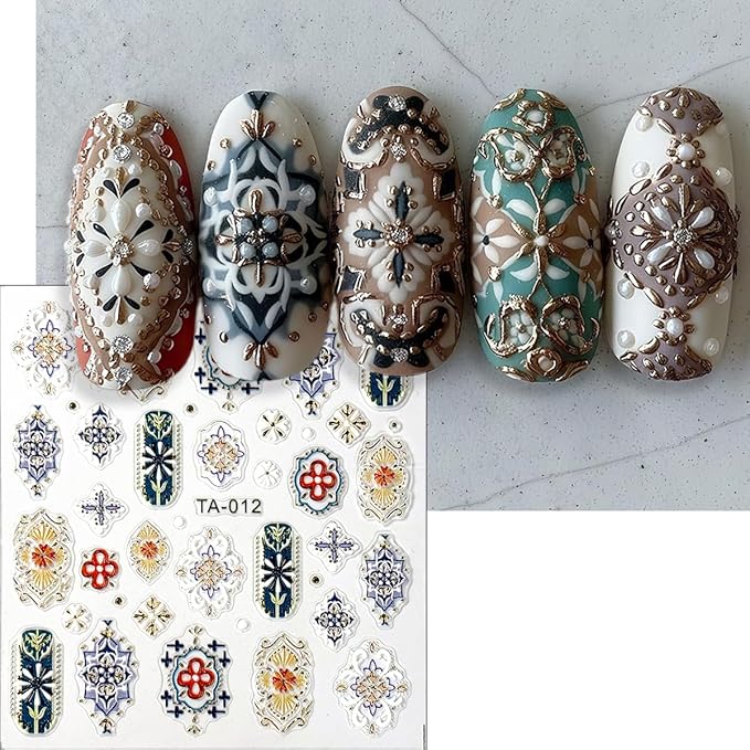 2 Sheets Relief Bohemian Style Nail Stickers, Retro Color 5D Embossed Nail Decals with Metallic Lace Lines, Vintage Boho Nail Art Decoration for Women Girls DIY Manicure Supplies