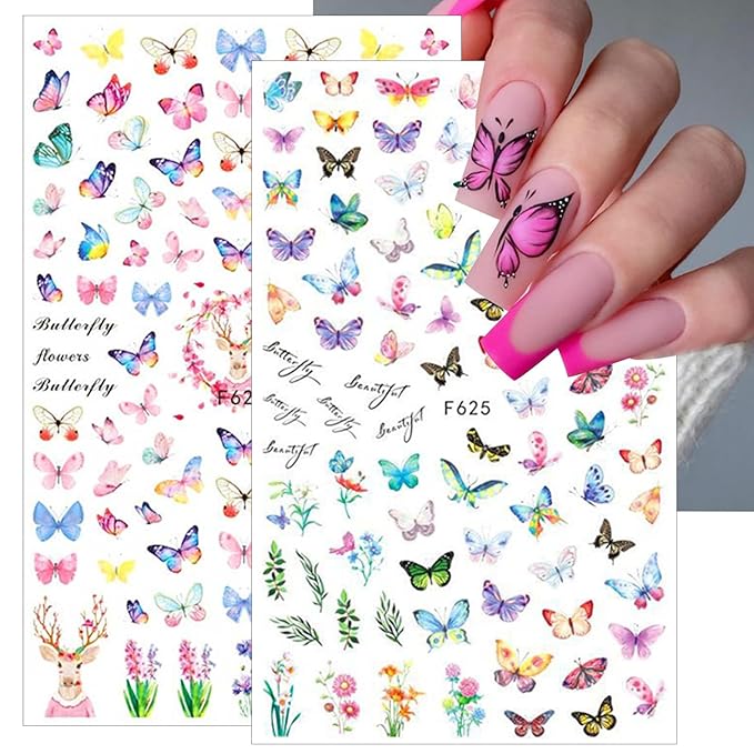 7 Sheets Butterfly Nail Art Sticker Decals Spring Summer 3D Self-Adhesive Nail Decals Colorful Floral Nail Supplies Pink Blue Purple Yellow Butterfly Nails Designs Supplies for Women Nail Decoration