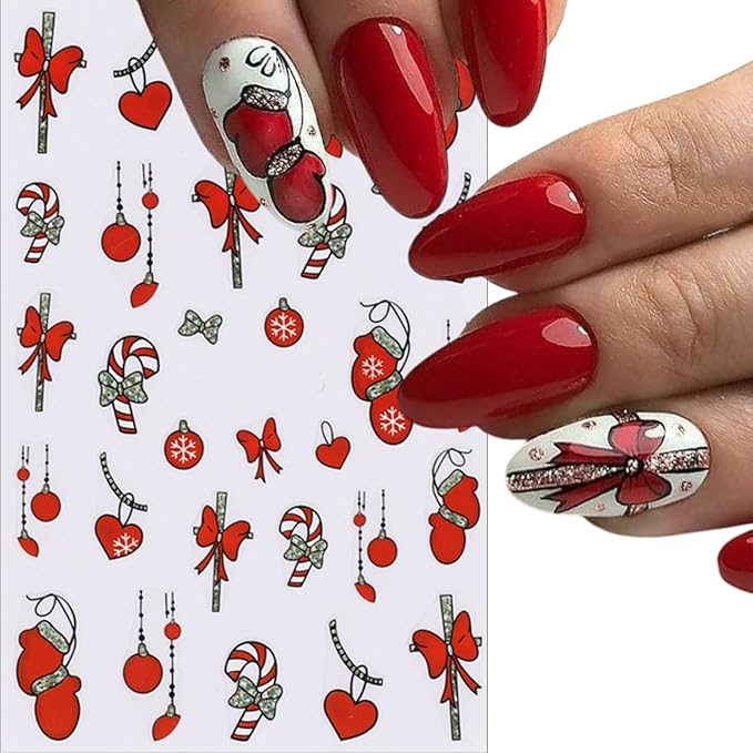 Christmas Nail Art Stickers 3D Self-Adhesive Holly Sprig Bow Snowman Glitter Xmas Tree Designs Nail Stickers Santa Claus Elk Flower Nail Decal for Women DIY New Year Manicure Decoration 5 Sheets