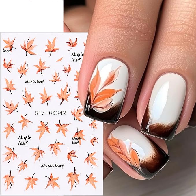 6 Sheets Fall Nail Stickers for Nail Art Orange Red Maple Leaves Nail Art Stickers Glitter Thanksgiving Pumpkin Nail Decals 3D Self-Adhesive Autumn Maple Leaf Nail Decoration for Women