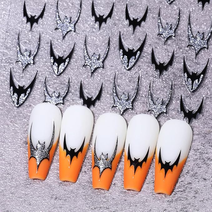 Halloween Nail Art Stickers, Glitter Dark Bat Nail Decals 3D Self-Adhesive with Sparkle Gold Sparkle Silver Bat Design 4PCS Halloween Nail Art Supplies for Women