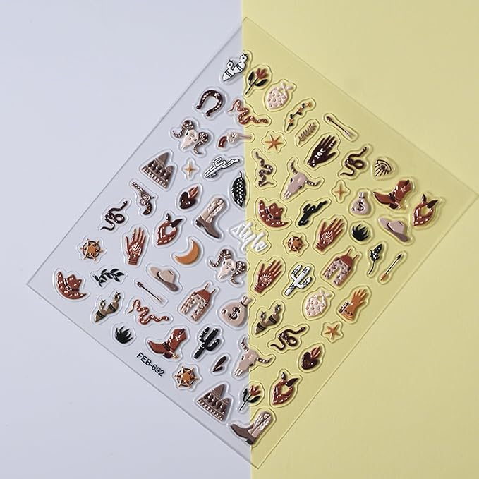 2 Sheets Retro Cowboy Nail Art Stickers, Western Cowboy Style Self-Adhesive DIY Nail Decals, Brown Cowboy Hat Designs Nail Stickers for Retro Style Nail Art Decals